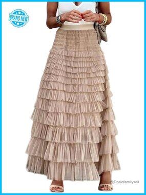 Layered Tulle Maxi Skirt High Waisted A-Line Ruffled Tutu Petticoat